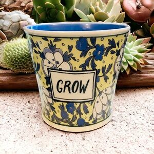 Molly Hatch Anthropologie GROW Flower Pot Planter 4" Take Root Blue Yellow